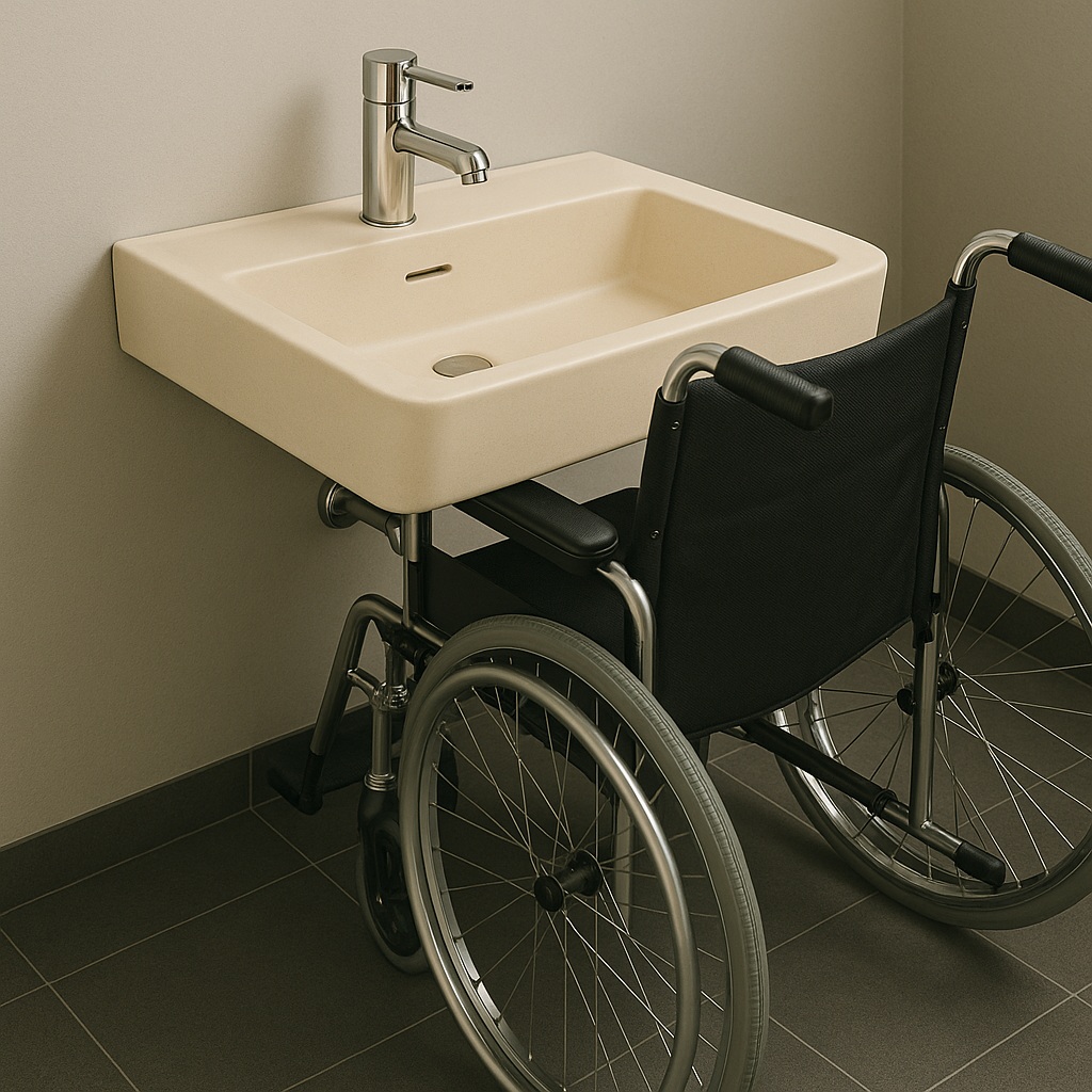 Contemporary bathroom layout with wall-mounted sink and free floor area
